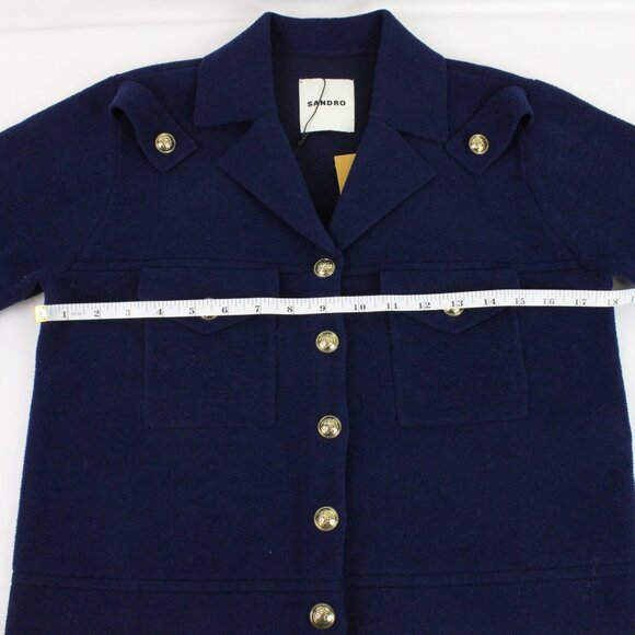 NWT Sandro Fleece Knit Coatigan with Lapel Shirt Collar in Blue/Gold FR Size 1 - Picture 14 of 15